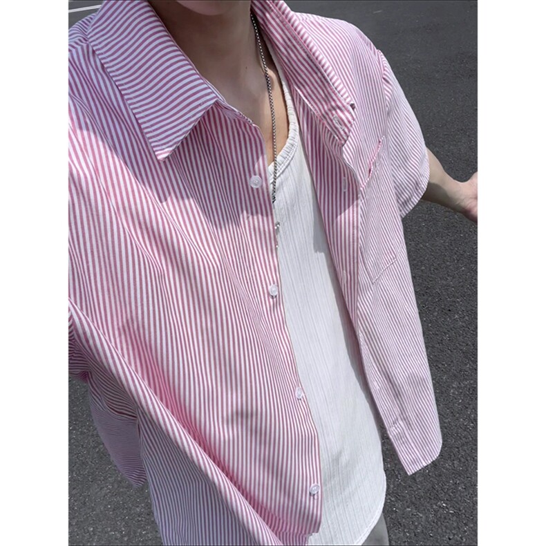 夏季条纹短袖衬衫男潮牌宽松休闲翻领衬衣外套DC2237-特价P26,男装T恤,电商A007