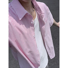 夏季条纹短袖衬衫男潮牌宽松休闲翻领衬衣外套DC2237-特价P26，男装T恤，电商A007