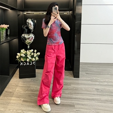 女夏新款时尚运动休闲套装洋气减龄玫红色圆领上衣阔腿长裤两件套，女装套装/套裙，2C310