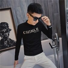 5秋季长袖修身T恤刺绣社会精神小伙男半高领打底衫C301B-CT14，男装T恤，电商C301B