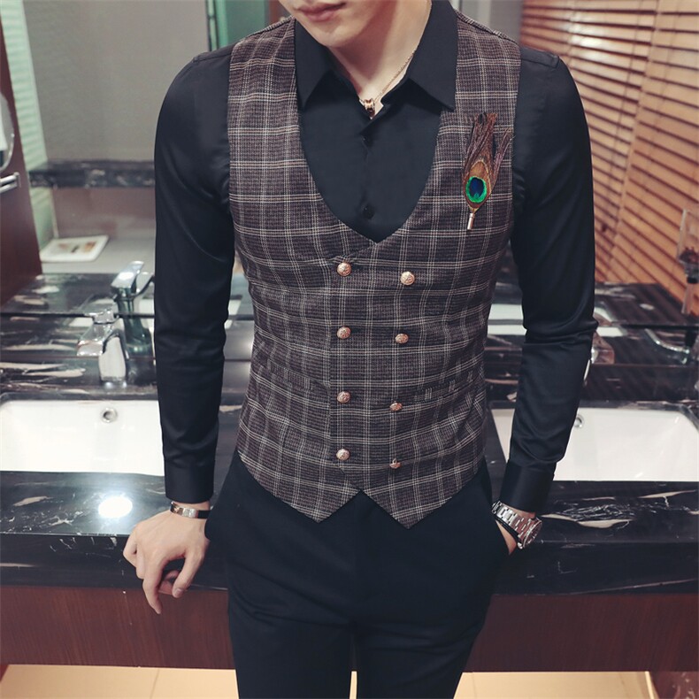 Y8753-2021羽毛装饰型男双排扣马甲工作服潮理发师休闲马甲P50,男装背心/马甲,星座717A