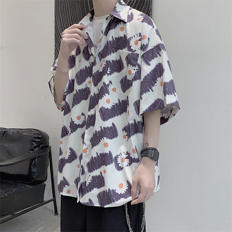 夏季潮牌雏菊短袖衬衫男慵懒痞帅韩版宽松半袖衬衣513-3-C618-P45图片