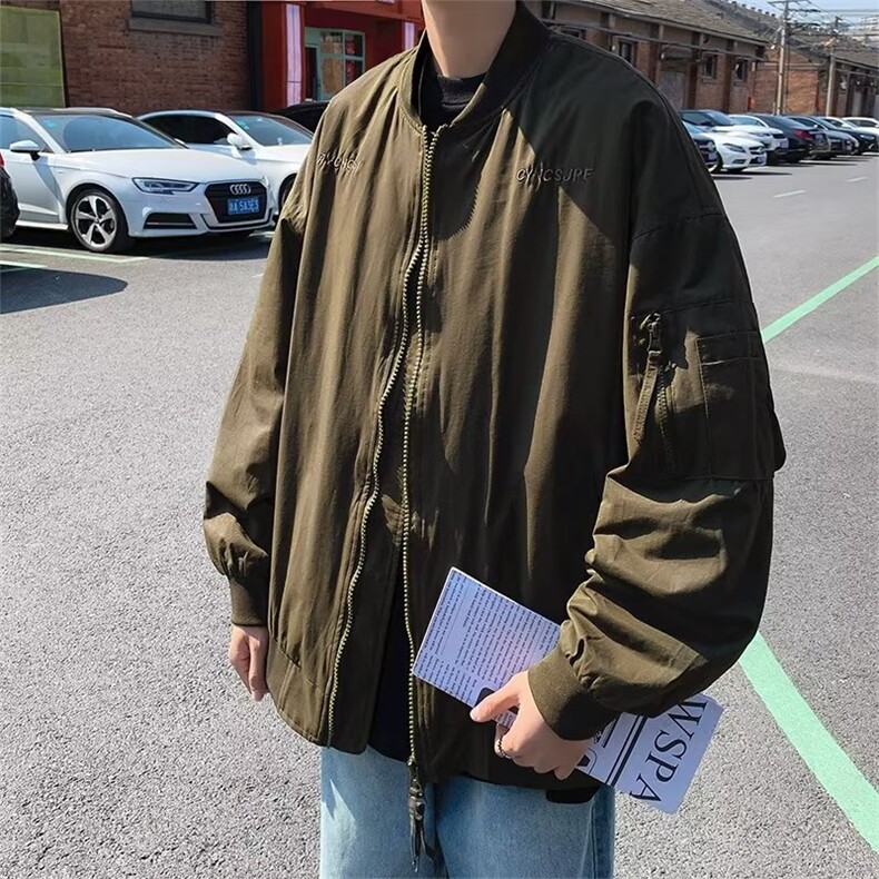 长袖男潮春秋标准简约潮流外穿青春流行棒球领文艺新款夹克拉链图片