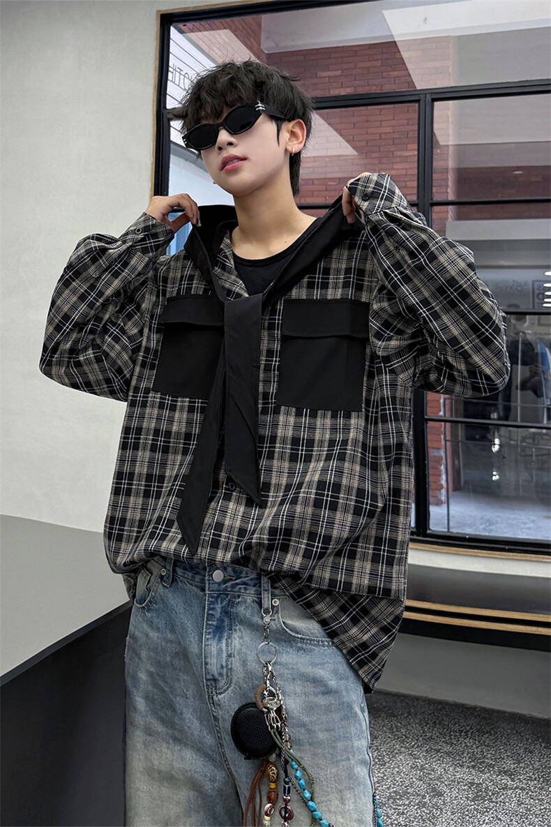春夏新品原创小众设计感连帽系带长袖衬衫男士拼接格纹长袖衬衣潮,男装衬衫,电商B319
