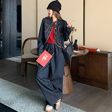 港风休闲牛仔套装女小个子休闲百搭外套2025春季新款阔腿裤两件套，女装套装/套裙，纯色衣恋