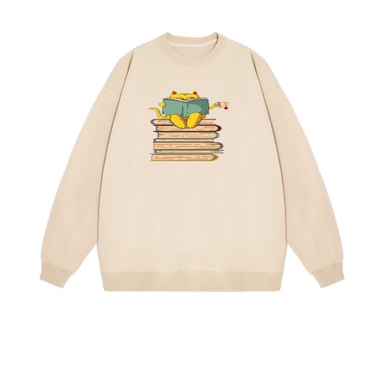 2025年秋季长袖套头长袖时尚百搭通勤简约休闲看书的猫，女装卫衣/绒衫，花可