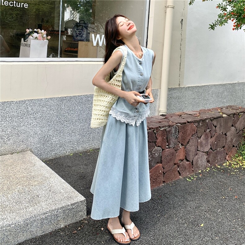 2025新款夏季时髦蕾丝拼接牛仔手套套装女高级感韩系半身裙两件套,女装套装/套裙,2C012