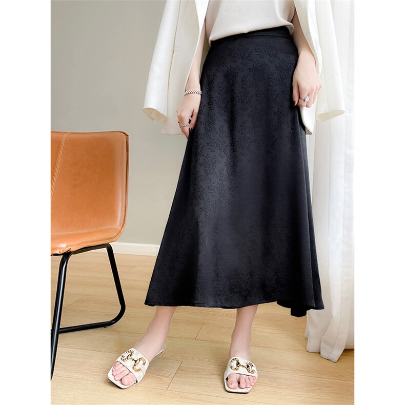 重磅真丝半身裙女中长款高级感醋酸缎面提花高腰垂感薄款a字长裙，女装半身裙，圣丽羊绒