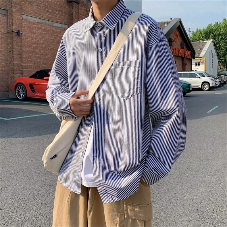 条纹衬衫春季男女港风复古长袖衬衣韩版潮流宽松休闲百搭C520-P30,男装衬衫,星座1008