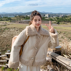 杏色高级感大翻领皮毛一体外套女2024冬新款时尚洋气加厚保暖上衣，女装毛呢外套，帛香坊