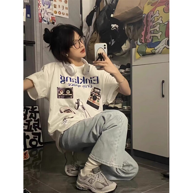 美式复古白色短袖t恤女宽松夏季小众设计感学生半袖上衣DTX673，男装T恤，星座208-5