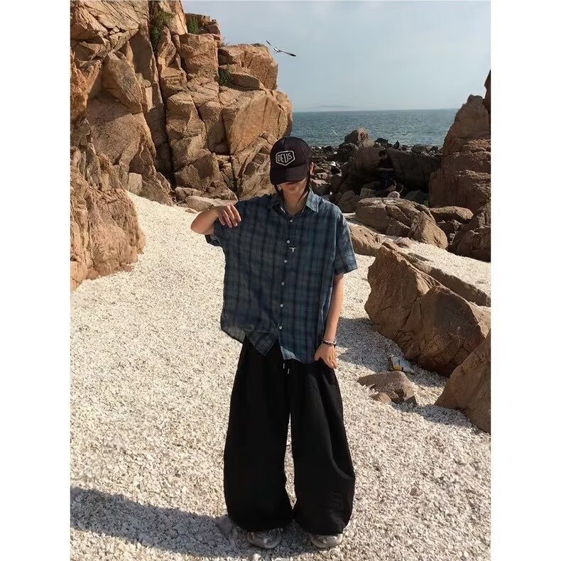 夏天男女同款美式衬衫少年感格子纹短袖衬衫女生宽松休闲防晒衬衣图片