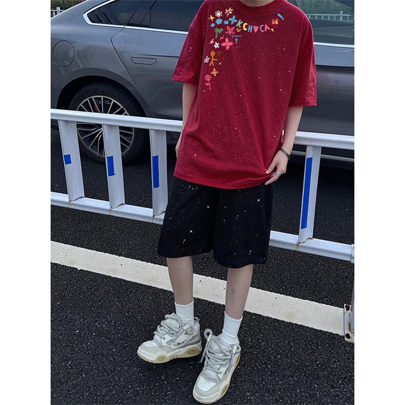 可48小时发货支持抖音得物来样二开美式满天星亮片短袖T恤MTX715,男装T恤,电商A486-1