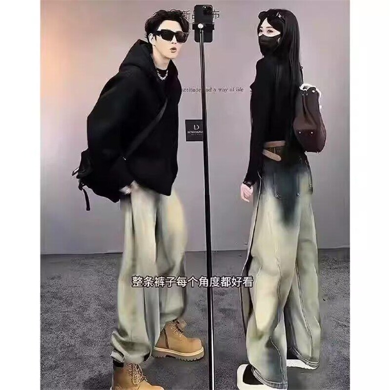 美式复古弯刀牛仔裤男春秋拼接设计感阔腿裤子高街直筒工装裤,男装牛仔裤,星座601-2