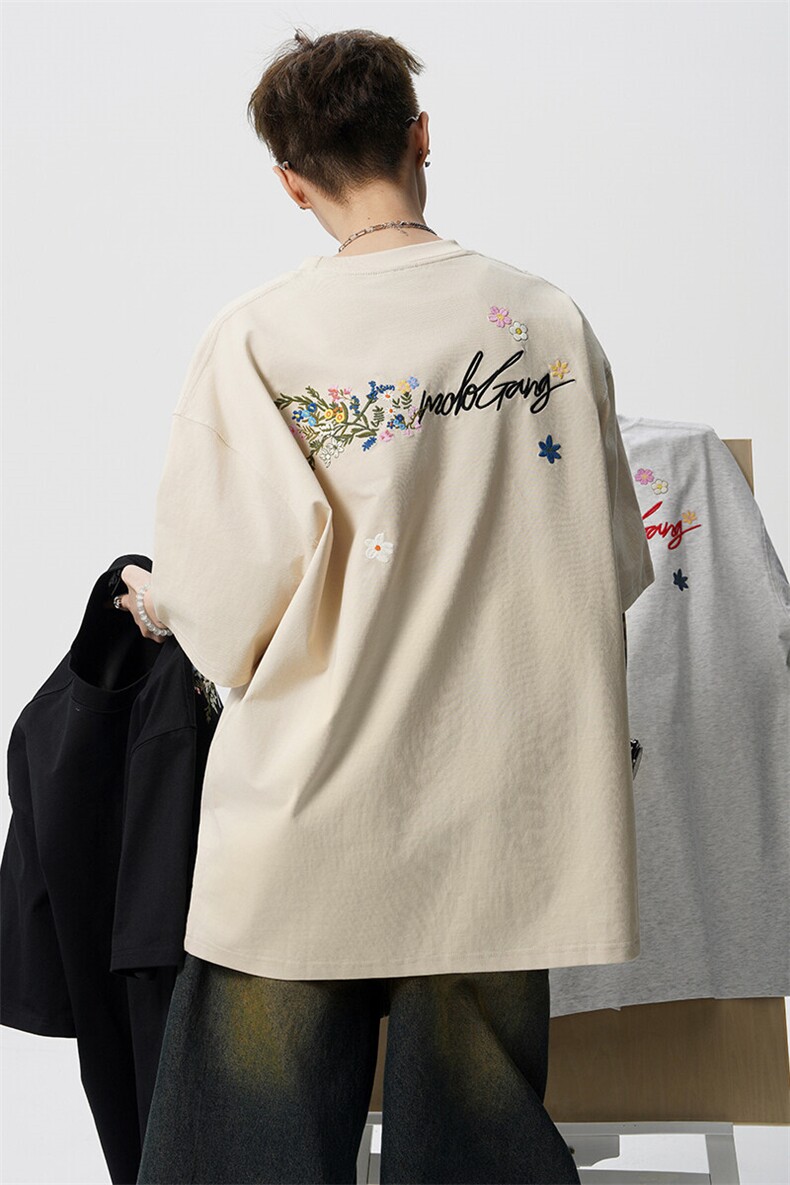 8XL-M高品质纯棉花卉刺绣短袖T恤男女款美式宽松凉感防晒TDX335,男装T恤,电商D206-1