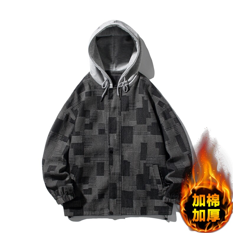JK6007/P80加棉P90冬装白底牛仔连帽格子夹克男大码外套男棉衣图片