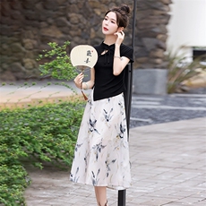 2025年夏季新款时尚新中式印花盘扣立领半身裙两件套，女装套装/套裙，蓝诺裳