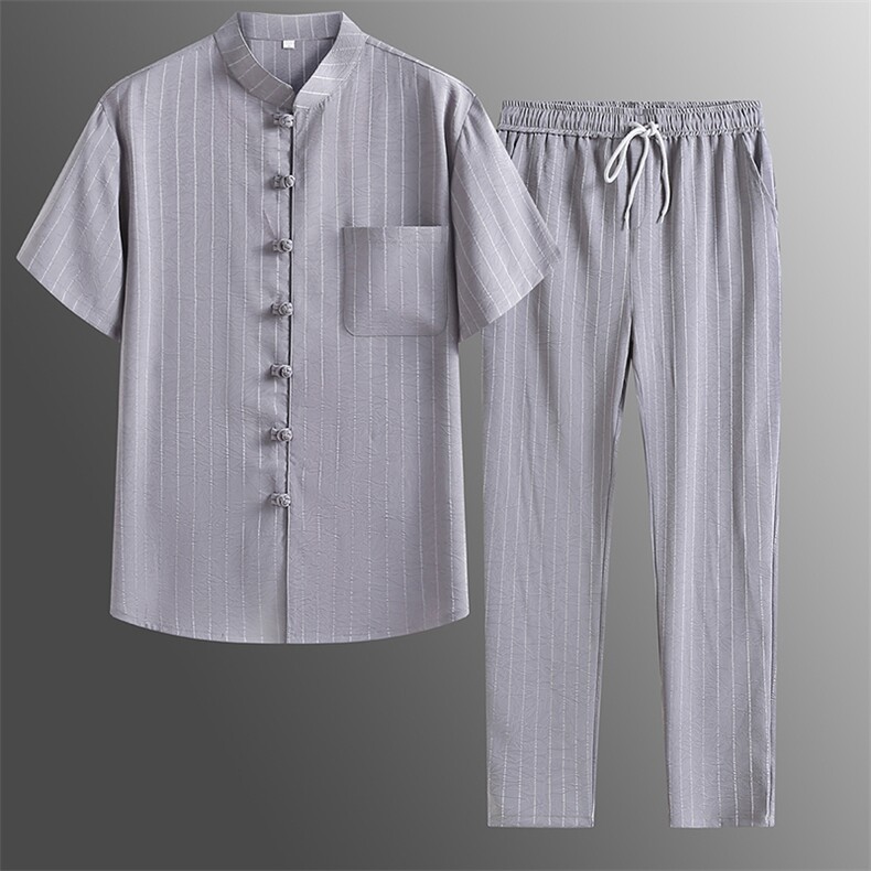 风唐装中年短袖衬衫套装男士夏装太极服宽松套装CF2306-P115,男装休闲套装,星座1105-3
