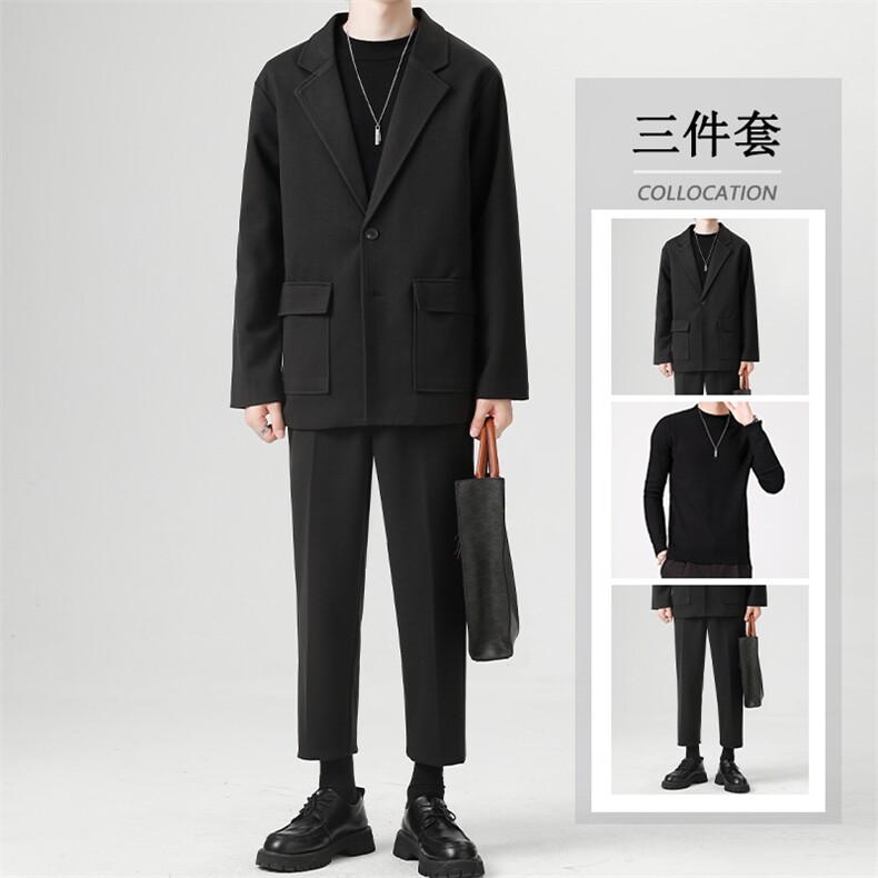 秋冬新款男士毛呢西服套装痞帅三件套高级感轻熟风港风男装一套潮,男装西服套装,星座505-2（原电商A260-1)