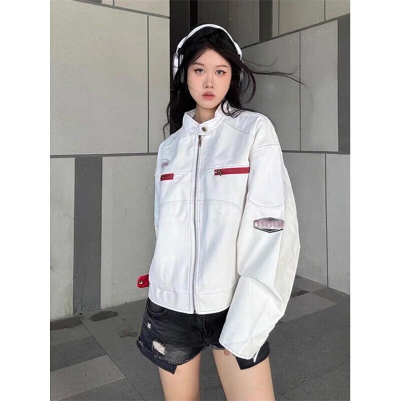 白色短款皮衣外套美式穿搭高级感机车夹克棒球服 JK158 特P67图片