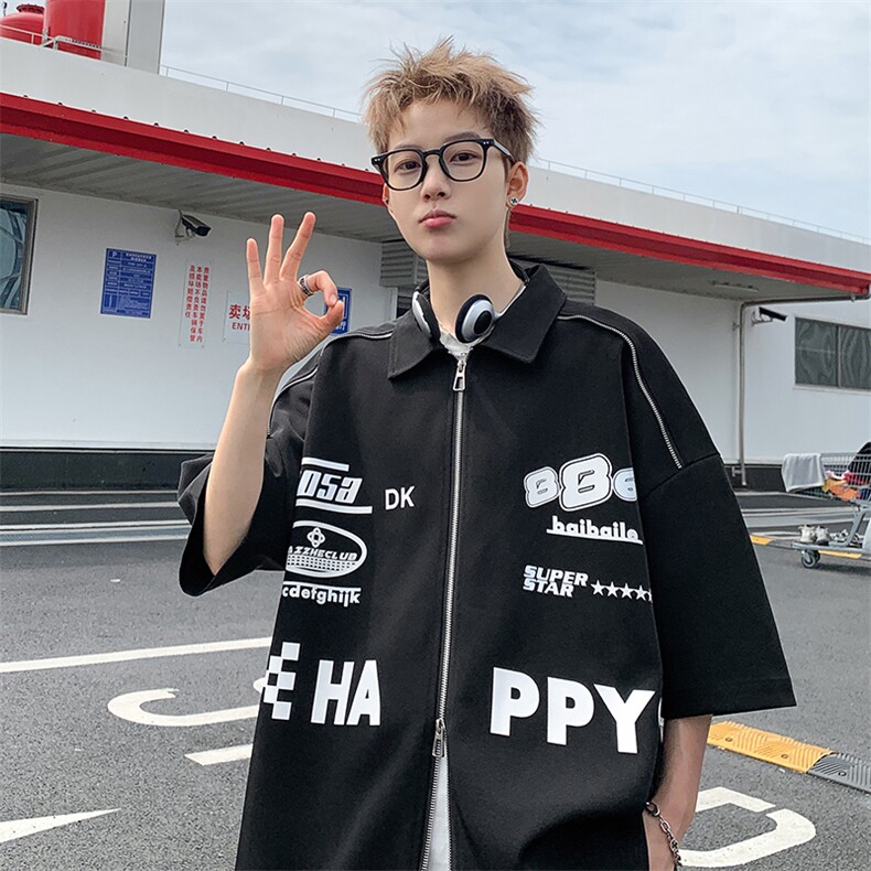 405A  港风设计感拉链装饰印花衬衫短袖T恤   CS03-P45控68图片