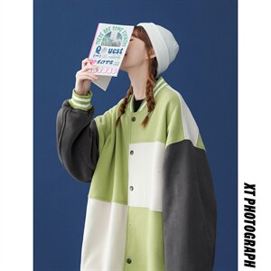！中性秋季设计感拼接撞色宽松休闲情侣棒球服-G430P75控98--图片