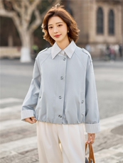 现货条纹拼接假两件休闲外套女春款2026新款时尚减龄洋气翻领夹克，女装短外套，涵誉