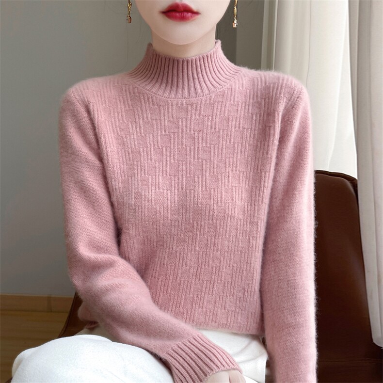 半高领100%纯羊毛衫女扭花套头打底针织衫长袖毛衣宽松羊绒衫上衣,女装羊毛衫,九嘉羊绒