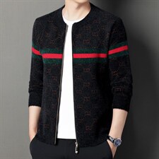 男装秋季男士时尚休闲针织开衫外套中年商务印花长袖上衣打底衫，男装针织衫/毛衣，电商B212（原钱塘6029）