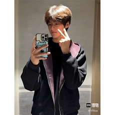 网图短款撞色刺绣双拉链开衫卫衣男女潮牌情侣连帽休闲外套P60，女装短外套，电商C306-1