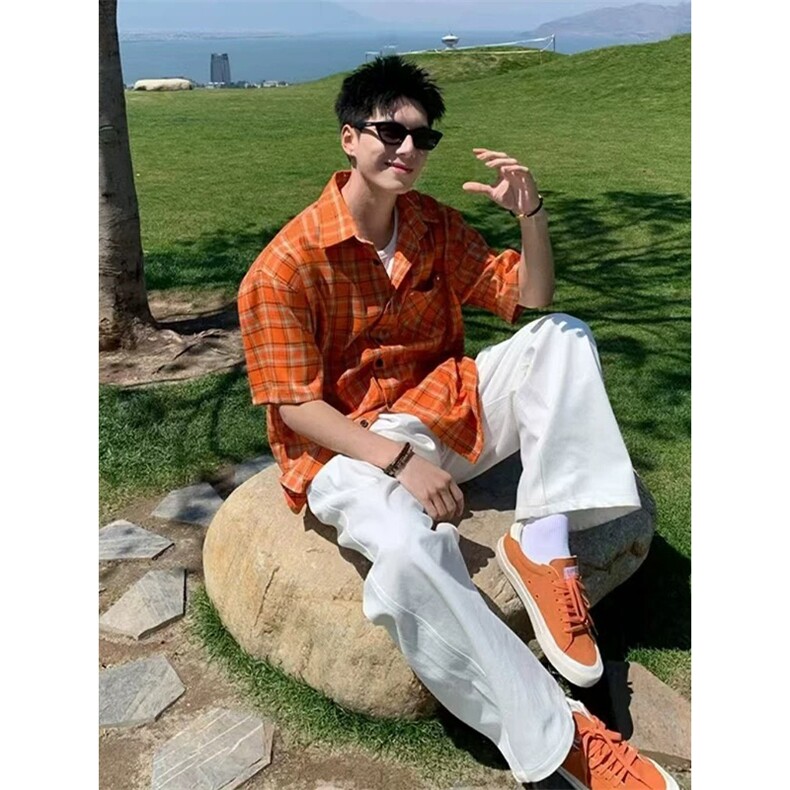 网图有货美式复古橙色格纹短袖衬衫男女A596-短袖P27长袖P30,男装T恤,星座1505