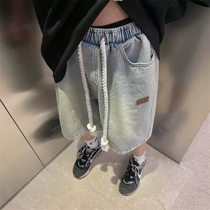 高街复古做旧蓝五分裤男女夏季设计感宽松阔腿牛仔短裤DA6604-P35图片