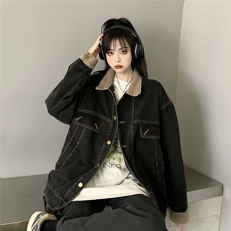 美式复古高街牛仔外套女春秋季潮牌翻领宽松夹克上衣L88688-P75,男装工装外套,星座1008