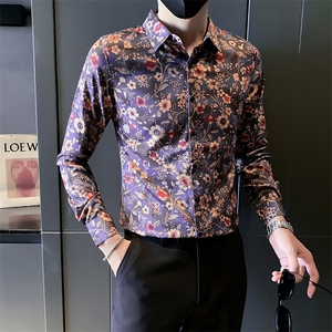 301A-1/C22/P55 24秋季男士个性痞帅印花长袖衬衫修身韩版上衣图片