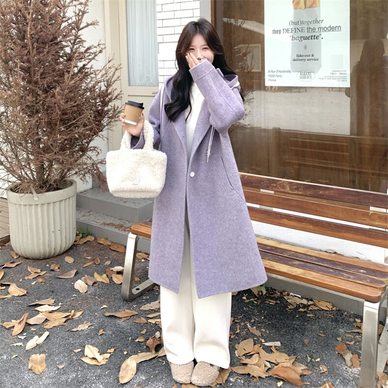 紫色双面呢羊毛外套女秋冬新款韩版中长款连帽气质呢大衣高级感,女装毛呢外套,2D014