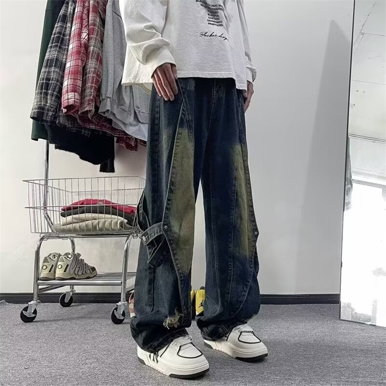 设计感牛仔裤男秋冬季新款美式潮牌高街小众阔腿长裤子N4100-p55图片