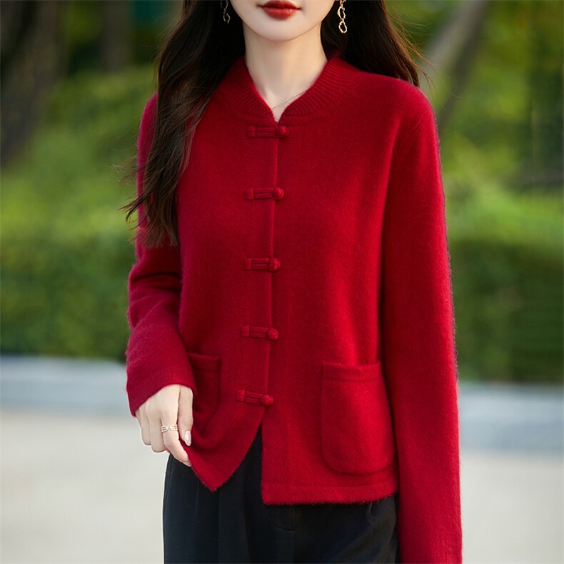 新中式国风100%纯羊毛开衫女立领盘扣针织毛衣宽松羊绒衫带兜外套,女装羊毛衫,暖烁羊绒