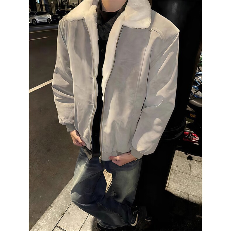 现货冬季美拉德毛领雾面PU皮棉服加绒加厚保暖百搭设计款情侣棉衣,男装棉衣,电商A443