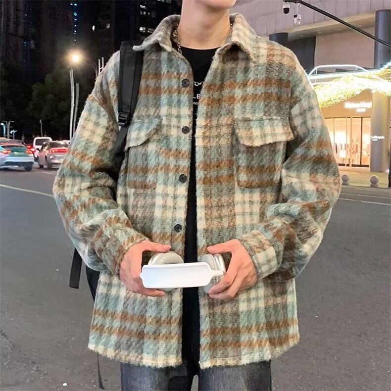 秋冬季新款格子男宽松高级感痞帅长袖毛呢大衣美式复古潮牌外套，男装毛呢大衣，星座1210-1