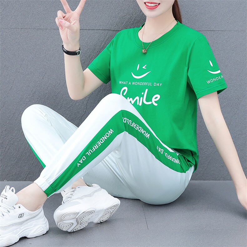 燕颉短袖时尚套装女式夏季2023年纯棉休闲晨跑运动服宽松两件套，女装运动套装，燕颉服饰