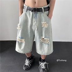 ins夏季破洞牛仔裤潮流宽松大码短裤五分裤K3525B315P45控58，男装牛仔裤，电商B315