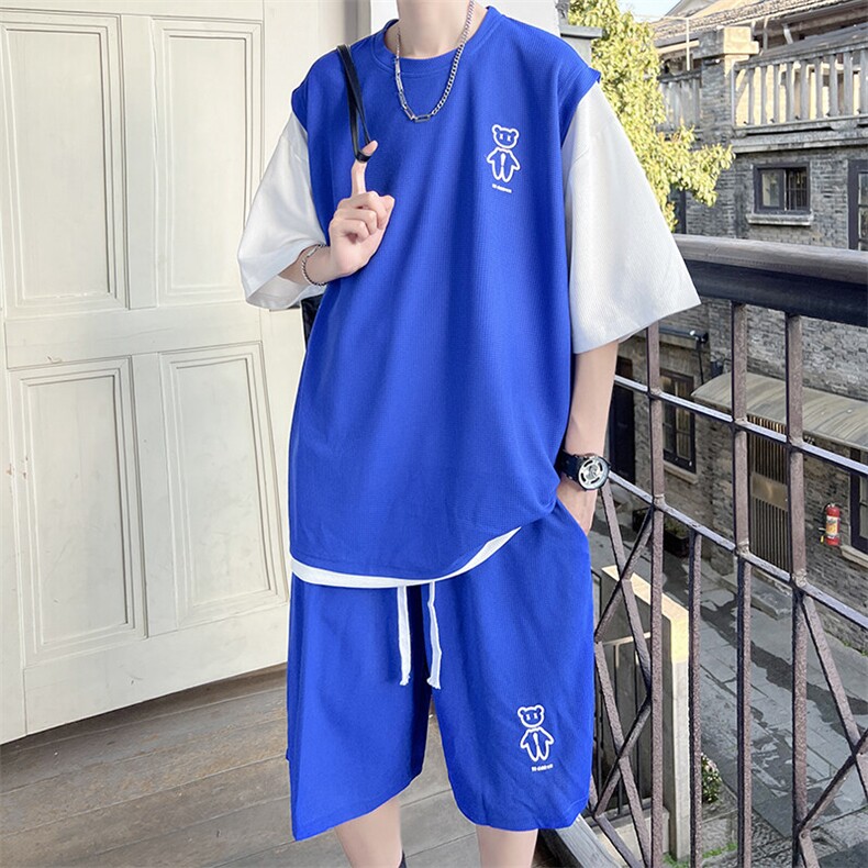 特P46控78华夫格套装潮流休闲短袖短裤两件套FTZ2298,男装牛仔裤,电商B370