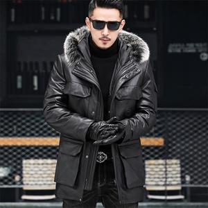 ZH2198冬季男士连帽牛皮加厚皮衣外套皮夹克羽绒服P1100图片