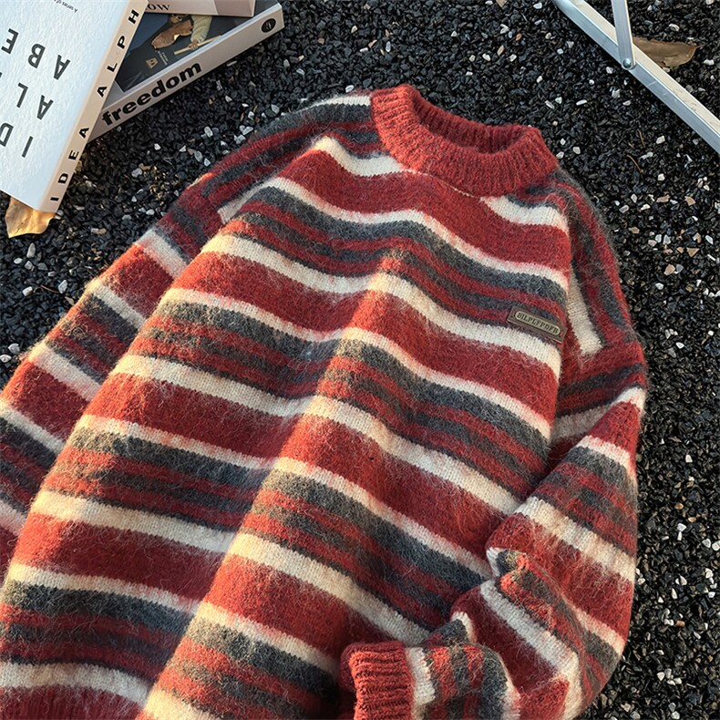 美式条纹撞色圆领宽松羊驼绒刷毛衣男慵懒秋冬针织衫MY09236-P58,男装针织衫/毛衣,星座308B-2
