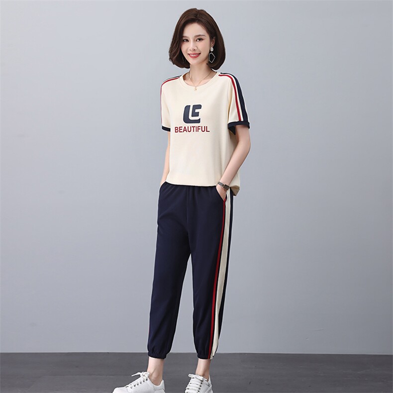卫衣套装女2025夏季新款时尚休闲运动撞色中年妈妈短袖t恤两件套,女装套装/套裙,独衣靓
