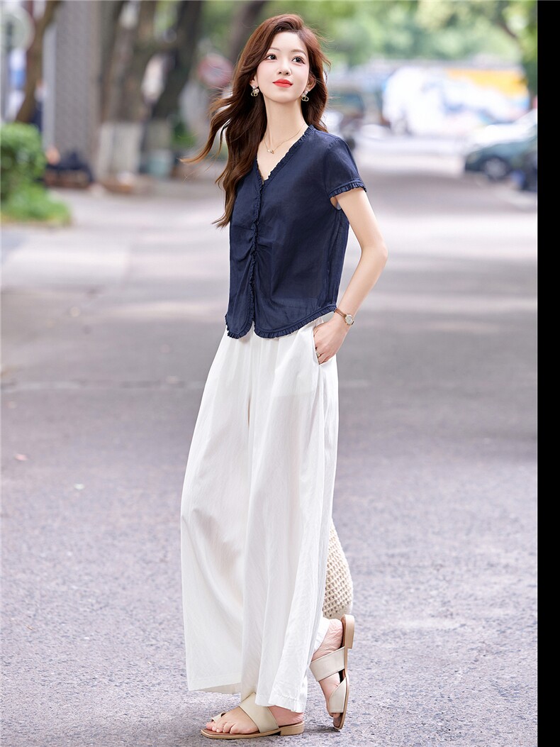 韩系V领小衫气质阔腿裤两件套女2025夏新款洋气显瘦时尚休闲套装,女装套装/套裙,妙形