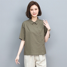 棉麻衬衫女2024夏季新款妈妈短袖衬衣中老年洋气亚麻薄款半袖上衣，女装衬衫，忆绮罗