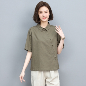 棉麻衬衫女2024夏季新款妈妈短袖衬衣中老年洋气亚麻薄款半袖上衣图片