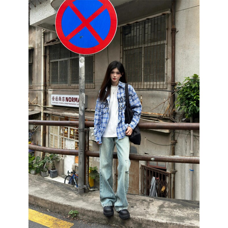 【有货】格子长袖衬衫男女同款字母设计感防晒外套K376CC-特P46,男装防晒衣,星座1007（原301D）