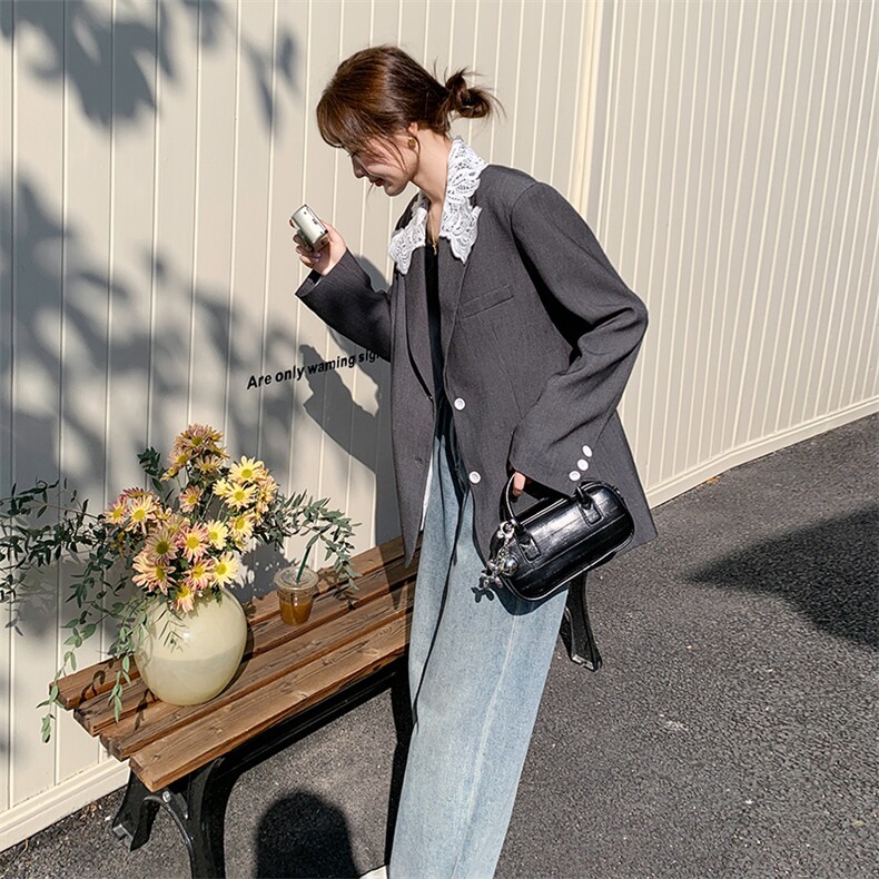 通勤灰色短款西服上衣女春秋2025超火好看高级感小众职业西装外套,女装短外套,2C176